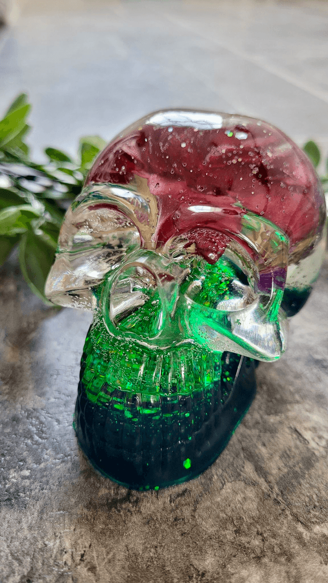Skull Ornament - Large - Green & Clear Flower Floral Glitter