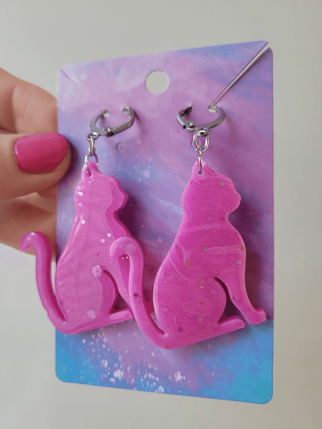 Earrings | Pink Cats - Glitter Swirl | Stainless Steel Hoops