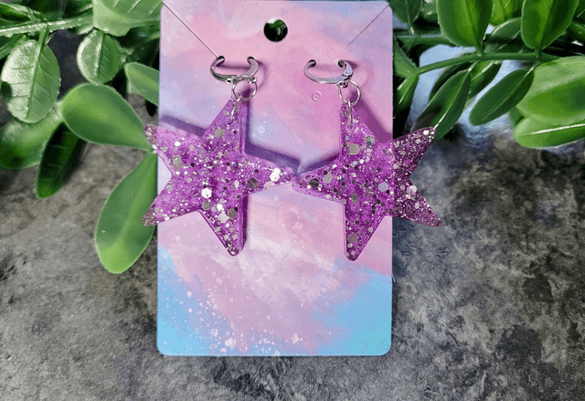 Earrings | Lilac Purple Glitter Stars | Stainless Steel Lever Back Hoops