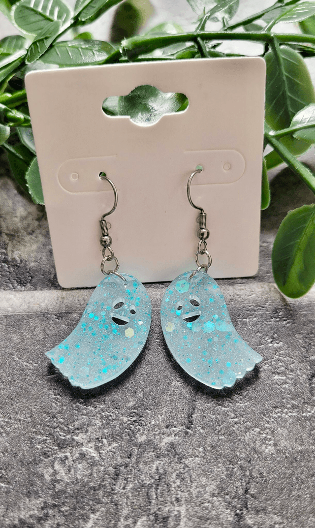 Earrings | Spooky Ghost Blue - White Glitter | Stainless Steel Hooks or Hoops