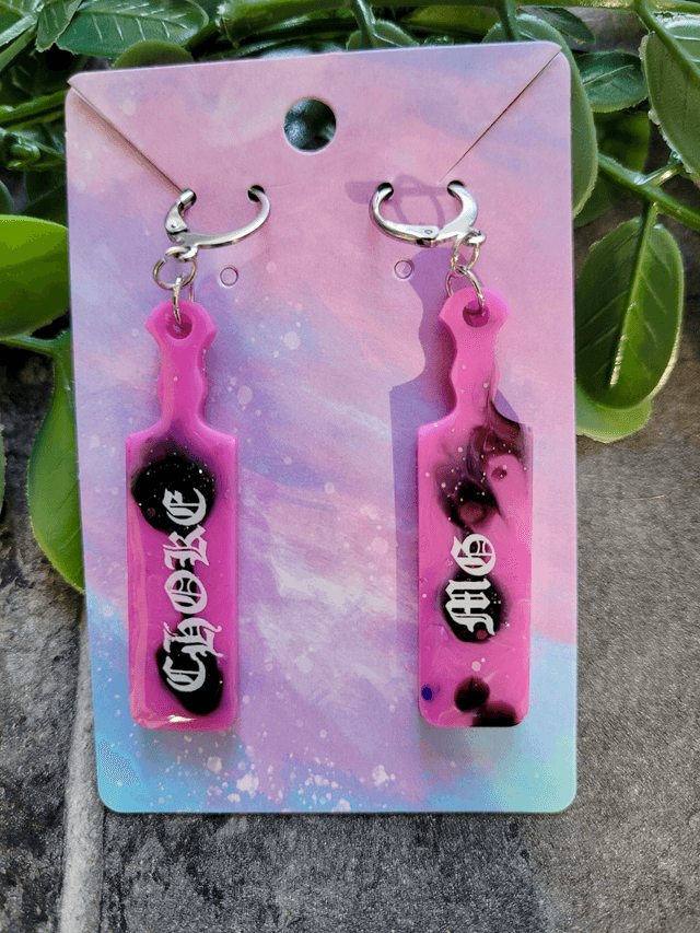 Earrings | Pink and Black Glitter Swirl Paddle Earings with the words Choke Me | Stainless Steel Leverback Hoops
