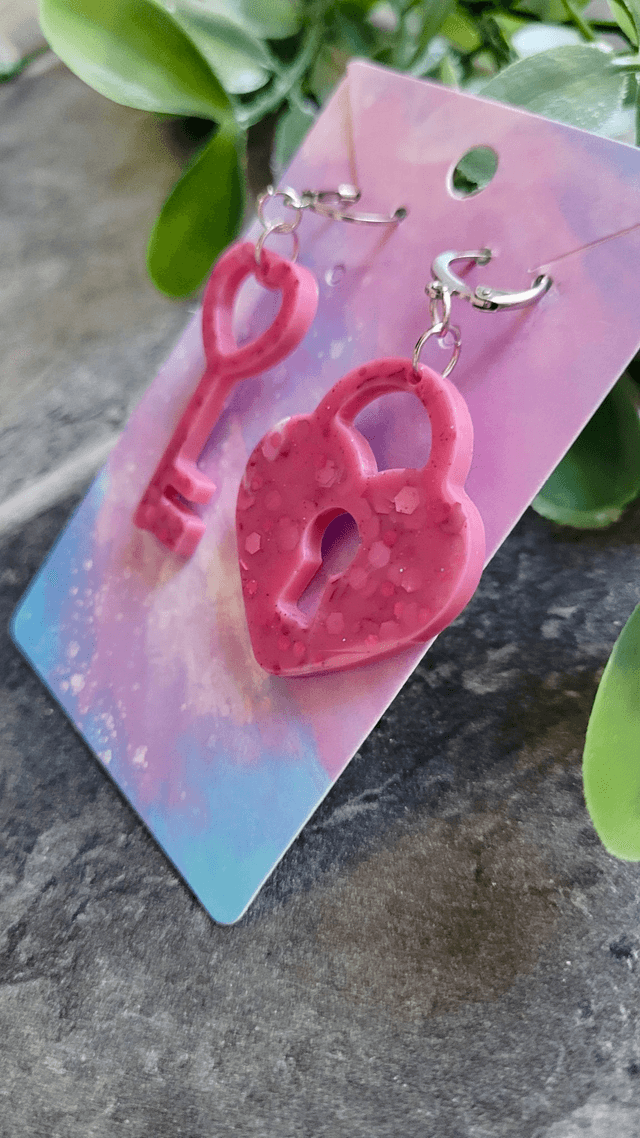 Earrings | Pink Glitter Heart Lock and Key | Stainless Steel Hoops