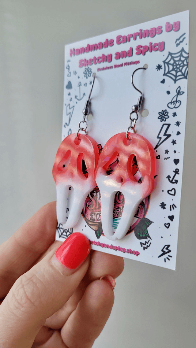 Earrings | Flat Holographic Bloody Ghostface Scream Earrings - White Bloody | Stainless Steel Hooks