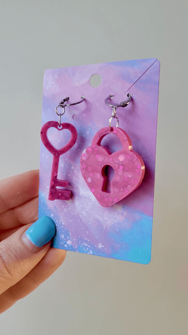 Earrings | Pink Glitter Heart Lock and Key | Stainless Steel Hoops