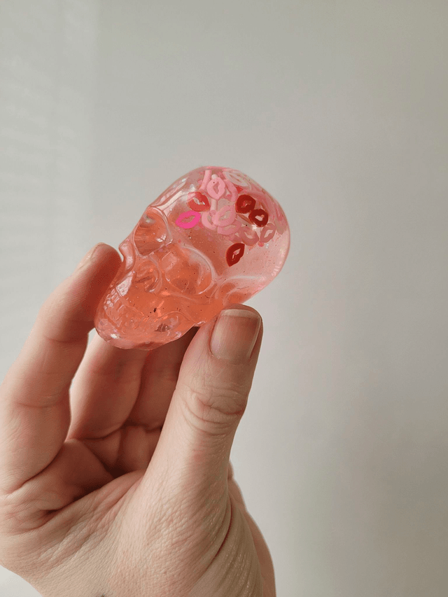 Skull Ornament - Medium - Pink Glitter Lips, Sprinkles, Kisses 