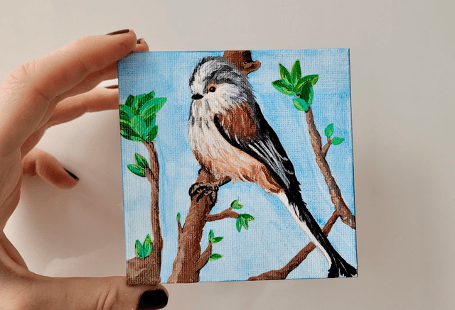 Original Mini Canvas Painting – Feathers and Fresh Leaves – Miniature Long-Tailed Tit Bird Painting