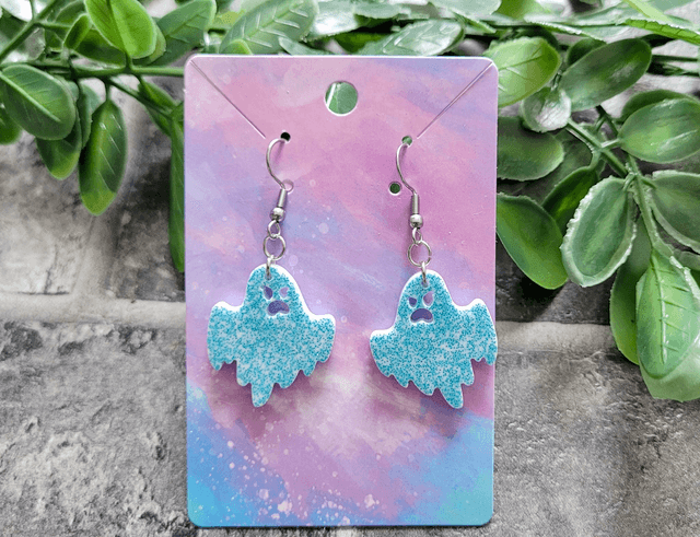 Earrings | Angry Ghost - White with Blue Glitter | Stainless Steel Hooks