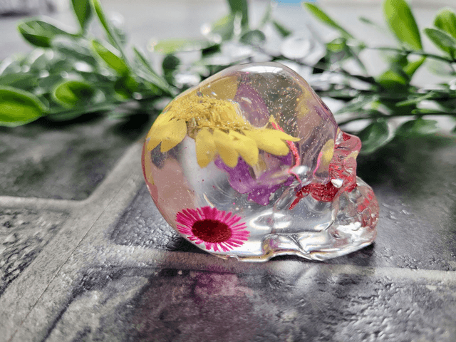 Skull Ornament - Medium -  Clear with Dried Flowers - Pinks and Yellow