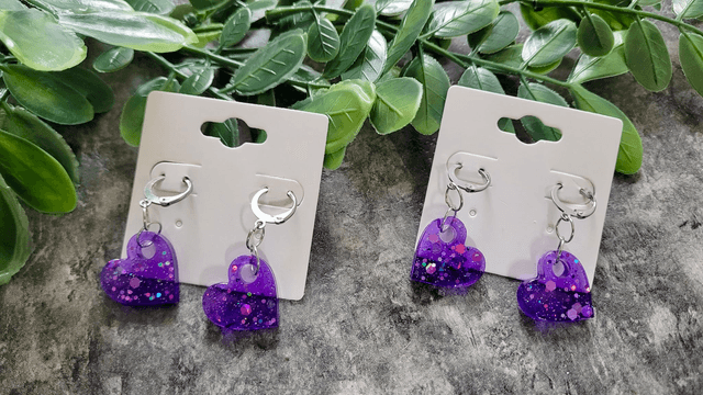 Earrings | Purple Glitter Hearts | Stainless Steel Hoops