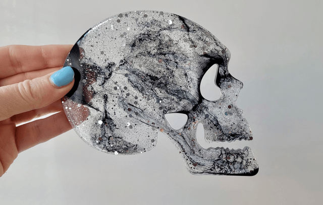 Coasters Set of 4 with Holder - Skull Coasters with Silver Glitter and Black Swirls