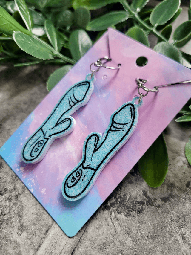 Earrings | Light Blue Glitter Rabbit Vibrator Earrings | Stainless Steel Hoops