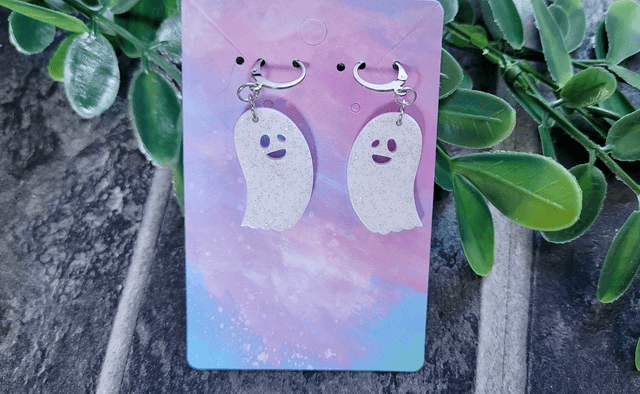Earrings | Happy Ghost White & Silver Glitter | Stainless Steel Hooks or Hoops