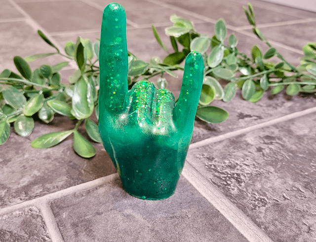 Rock On Hand Ornament – Green Glitter