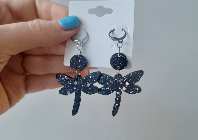 Black Dragonfly Glitter Earrings – Gothic Statement Jewellery