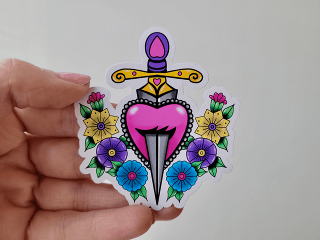Floral Heart & Dagger Vinyl Sticker