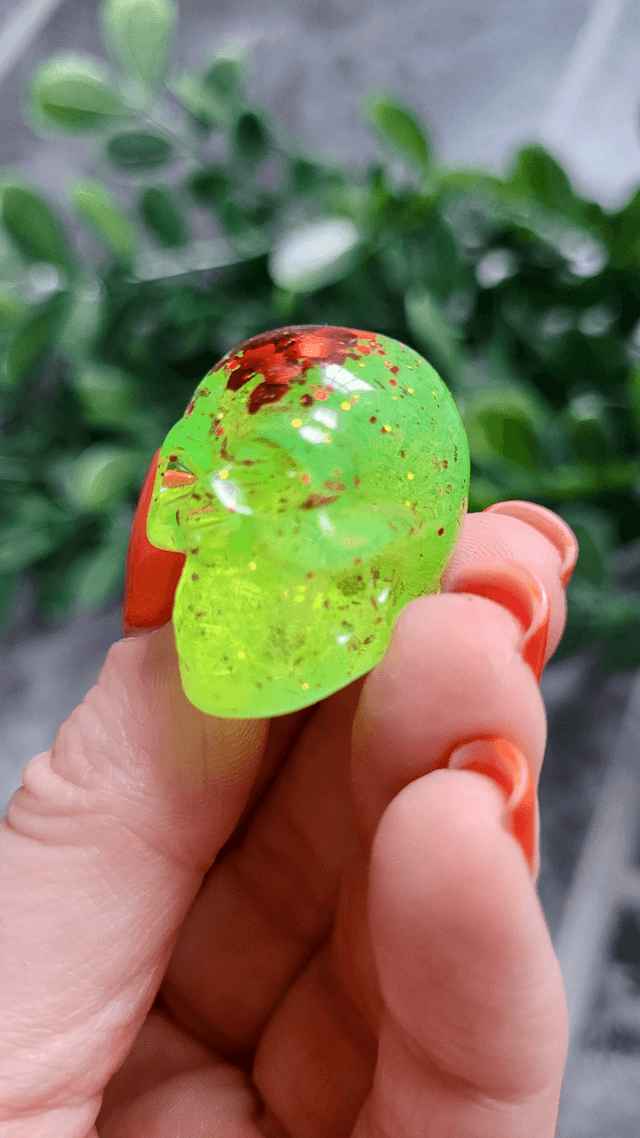 Skull Ornament - Mini - Neon Lime Green with Red Glitter
