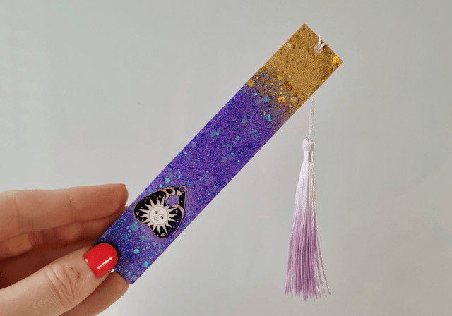 Purple & Gold Celestial Sun Planchette Glitter Bookmark with Tassel