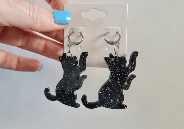 Earrings | Black Cats Reaching with Silver Glitter Sparkle | Witch Cat Stainless Steel Hoops