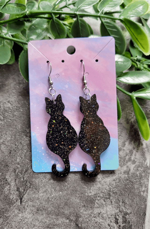 Earrings | Black Cats Sitting with Silver Glitter Sparkle | Witch Cat Stainless Steel Hoops