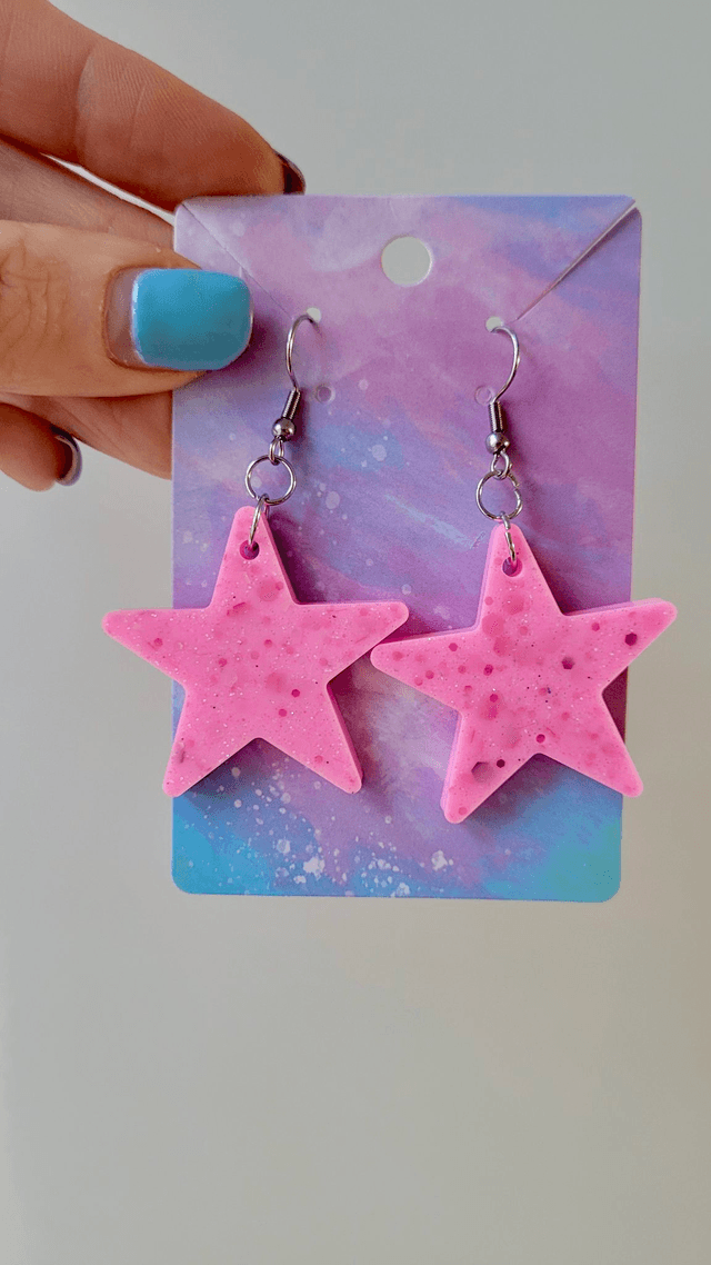 Earrings | Candy Pastel Pink Glitter Stars | Stainless Steel Hooks