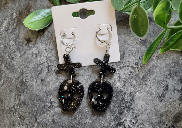 Earrings | Black Skull and Crosses Silver Glitter Sparkle | Stainless Steel Hoops