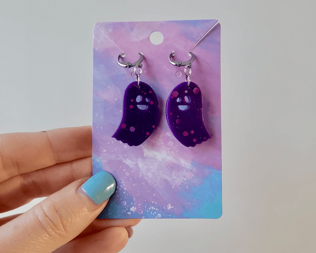 Earrings | Ghost Purple Glitter Ghost | Stainless Steel Leverback Hoops