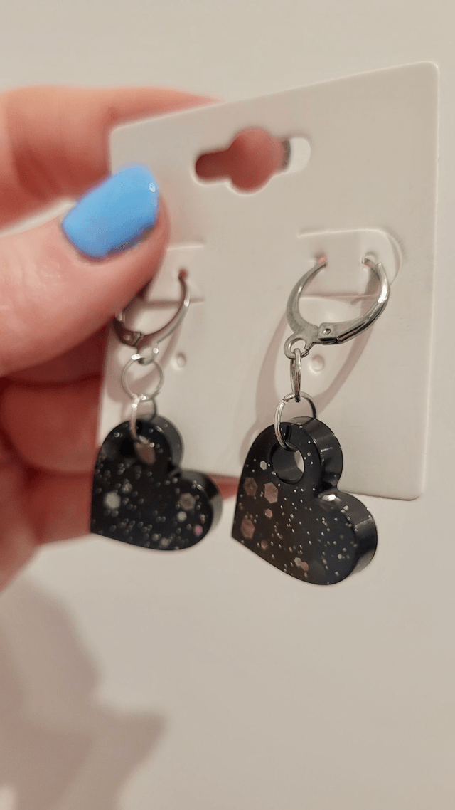 Earrings | Black Glitter Hearts | Stainless Steel Hoops