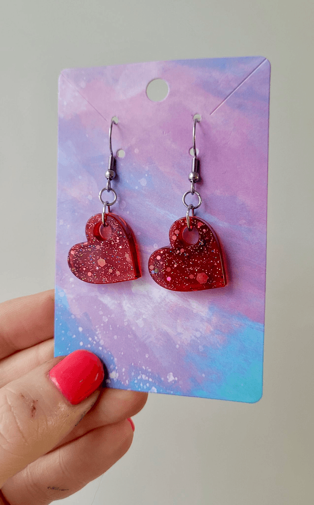 Earrings | Dark Wine Red Glitter Hearts | Stainless Steel Hoops or Hooks
