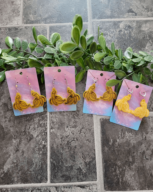 Earrings | Yellow Glitter Penis Bananas - Various Designs & Fittings | Stainless Steel Hooks or Hoops