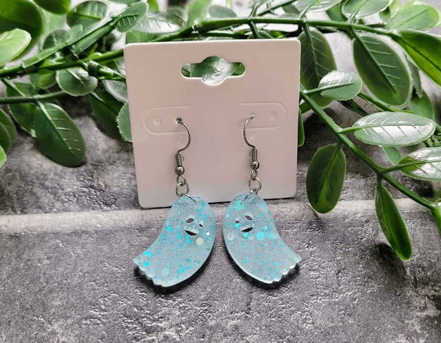 Earrings | Spooky Ghost Blue - White Glitter | Stainless Steel Hooks or Hoops