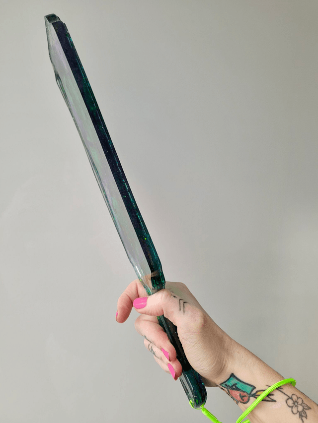 Handmade Resin Paddle – Green Purple Glitter Swirl with Neon Strap | Alt Decor or Kinky Gift