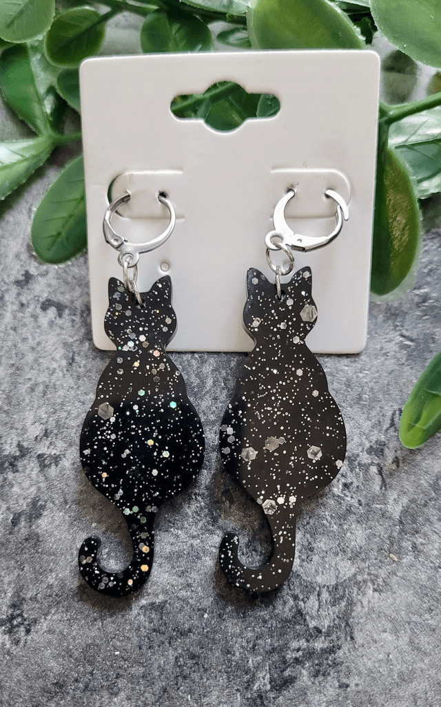 Earrings | Black Cats Sitting with Silver Glitter Sparkle | Witch Cat Stainless Steel Hoops