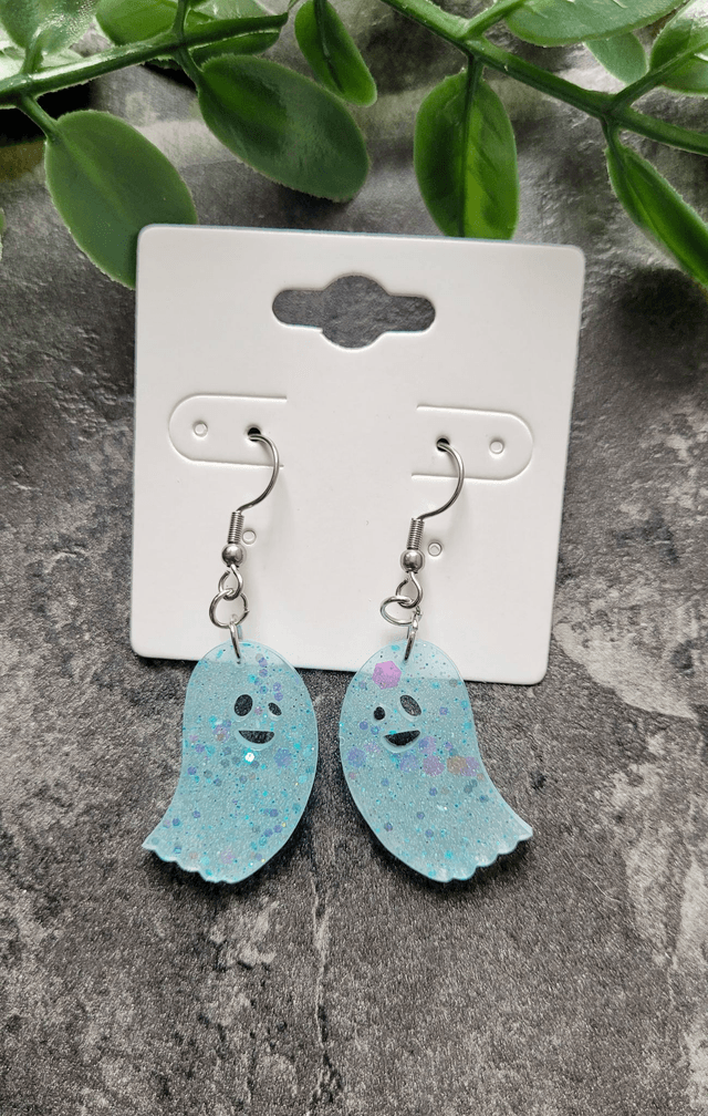 Earrings | Spooky Ghost Blue - White Glitter | Stainless Steel Hooks or Hoops