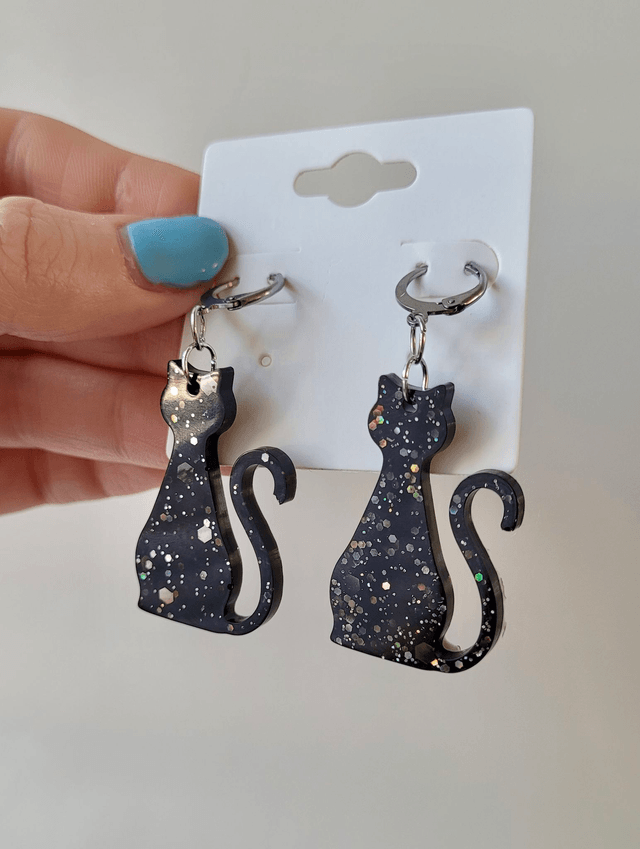 Earrings | Black Cats Sitting with tail up - with Silver Glitter Sparkle | Witch Cat Stainless Steel Hoops