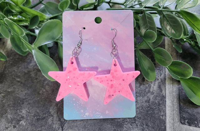 Earrings | Candy Pastel Pink Glitter Stars | Stainless Steel Hooks
