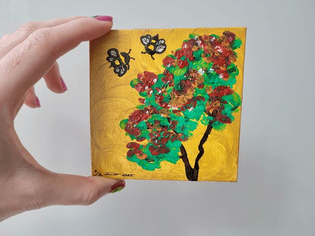 Original Mini Canvas Painting – Tree & Bees on Golden Background
