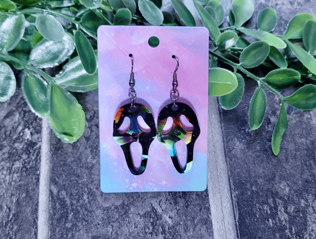 Earrings | Ghostface Scream Earrings - Black Holographic | Stainless Steel Hooks - Gunmetal Black