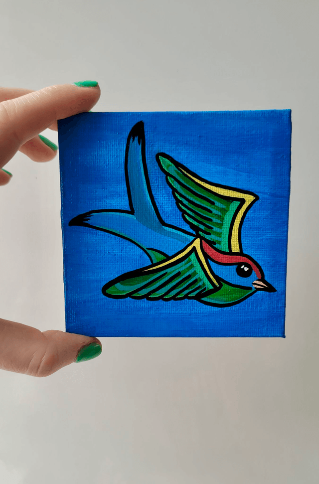 Original Mini Canvas Painting – Blue Swallow - Tattoo Style