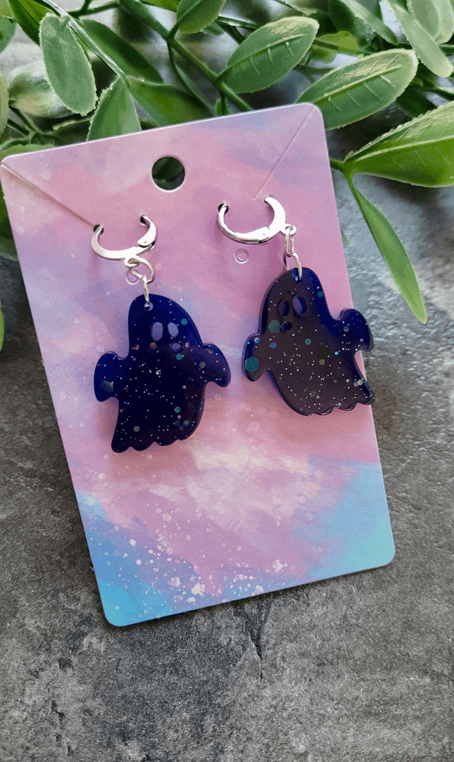 Earrings | Navy Blue Glitter Ghost | Stainless Steel Leverback Hoops