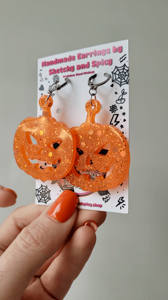 Orange Glitter Pumpkin Earrings | Stainless Steel Hoops