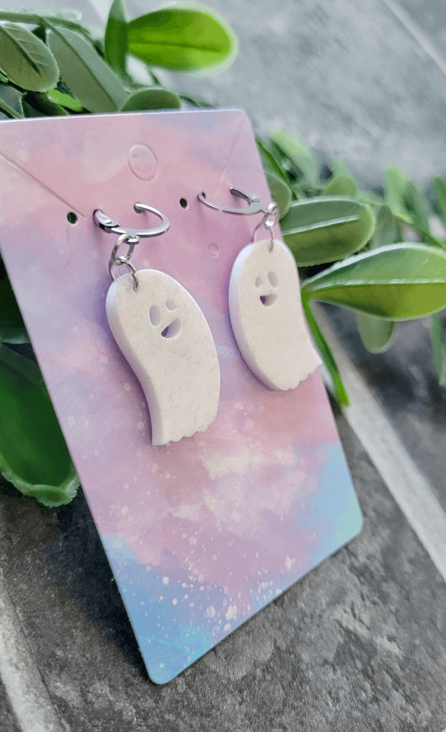 Earrings | Happy Ghost White & Silver Glitter | Stainless Steel Hooks or Hoops