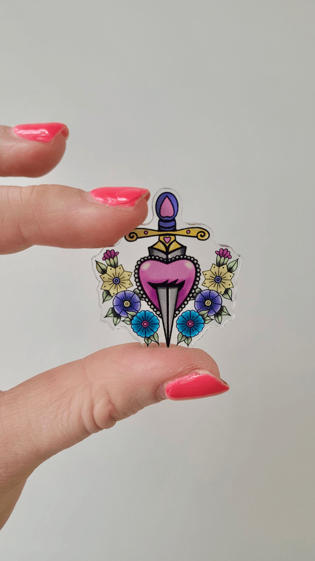 Floral Heart & Dagger Acrylic Pin Badge – Original Art Pin