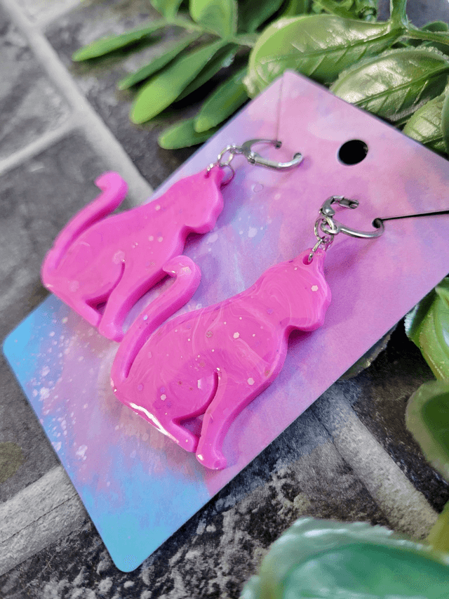 Earrings | Pink Cats - Glitter Swirl | Stainless Steel Hoops