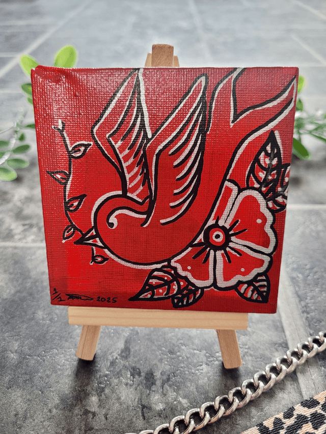 Original Mini Canvas Painting - Swallow & Flower