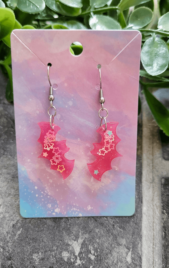 Earrings | Pink Star Glitter Bats | Stainless Steel Shepherd Hooks