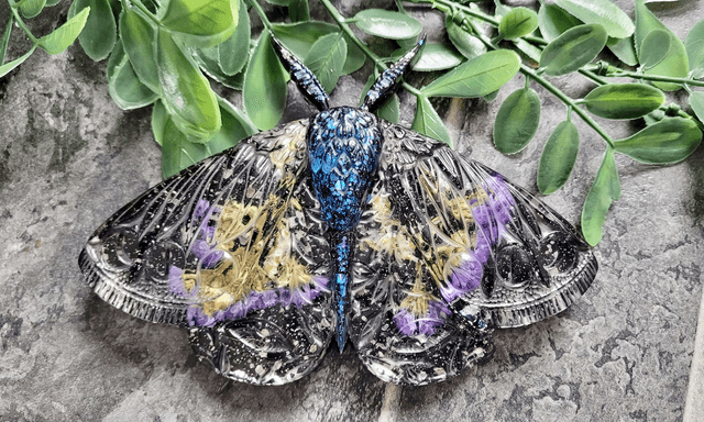 Moth Wall Hanging - Black Glitter, Purple Real Dried Flowers - Midnight Blue Body
