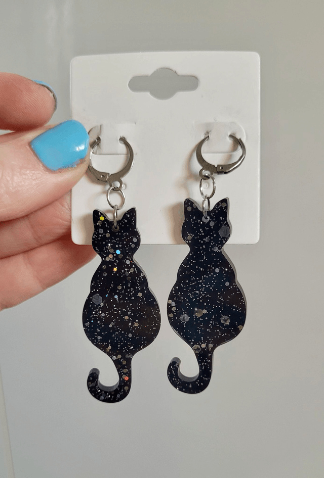 Earrings | Black Cats Sitting with Silver Glitter Sparkle | Witch Cat Stainless Steel Hoops