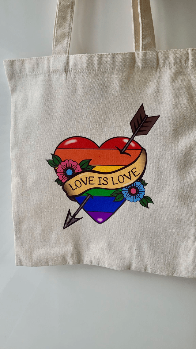 Love is Love Rainbow Pride Flag Heart & Scroll Tattoo Tote Bag