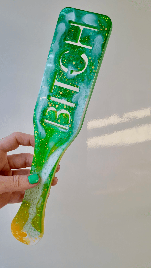 Handmade Resin Paddle – BITCH – Green & Yellow Swirl 