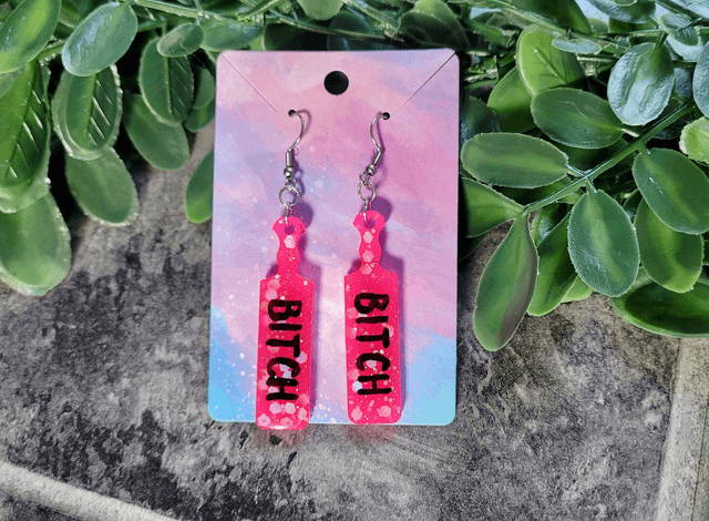 Earrings | Bright Pink Glitter BITCH Earrings | Stainless Steel Hooks